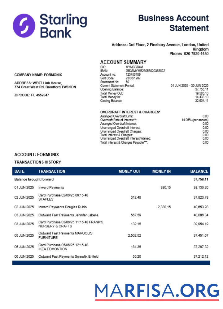 Realistic United Kingdom Starling enterprise statement Word and PDF template
